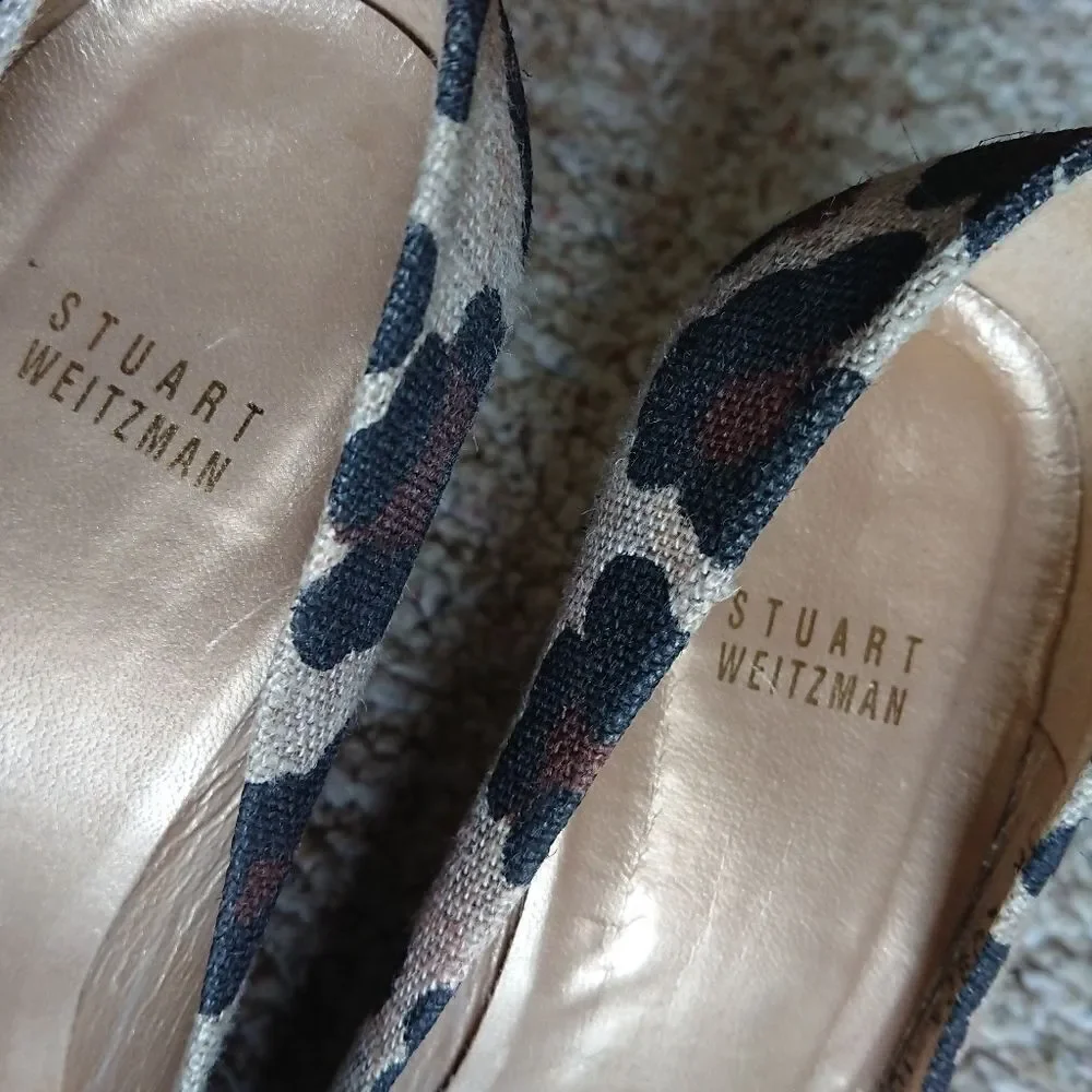 Stuart Weitzman fabric Leopard flowers Print Peep Toe wedges Size 10M